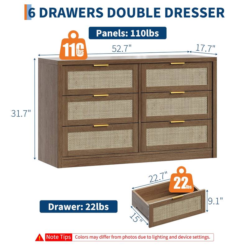 53" Rattan Dresser for Bedroom - 6-Drawer Boho Chest of Drawers, Large Storage Cabinet for Clothes, TV Stand - Dark wood