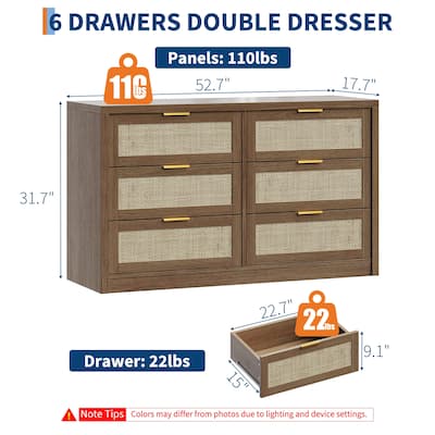 53" Rattan Dresser for Bedroom - 6-Drawer Boho Chest of Drawers, Large Storage Cabinet for Clothes, TV Stand