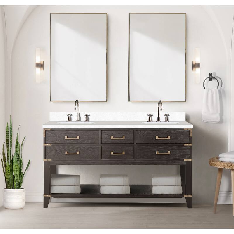 Norwalk 60 in W x 22 in D Black Oak Double Bath Vanity, Cultured Marble Top, and 28 in Mirrors