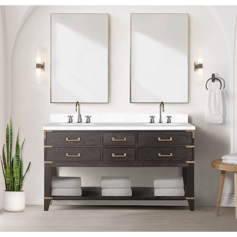 Norwalk 60 in W x 22 in D Black Oak Double Bath Vanity and White Quartz Top
