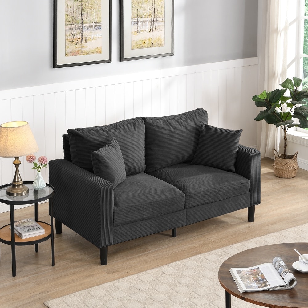 Corduroy High Resilience Loveseat Sofa, Upholstered Couch Settee with Wooden Frame, 2 Seat Sofa with Pillow and Armrest