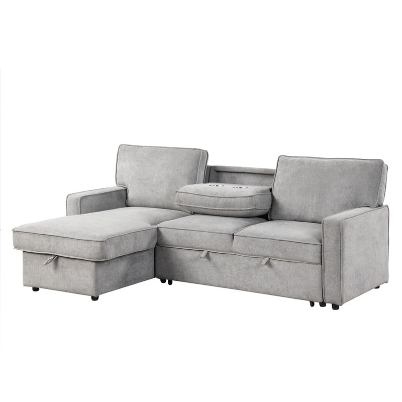 Upholstery Sleeper Sectional Sofa with Storage and 2 Cup Holder, Modern Corner Sectional with Pull-Out Sleeper and USB port