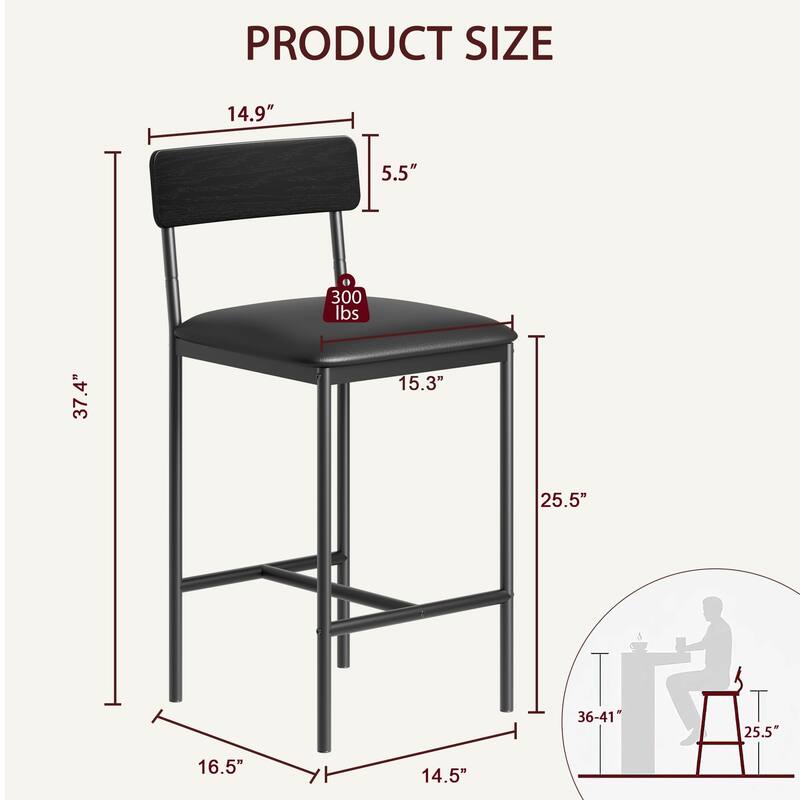 Set of 2 Upholstered Bar Chairs Counter Height Barstools for Kitchen Island - 14.5" L x 16.5" W x 37.4" H