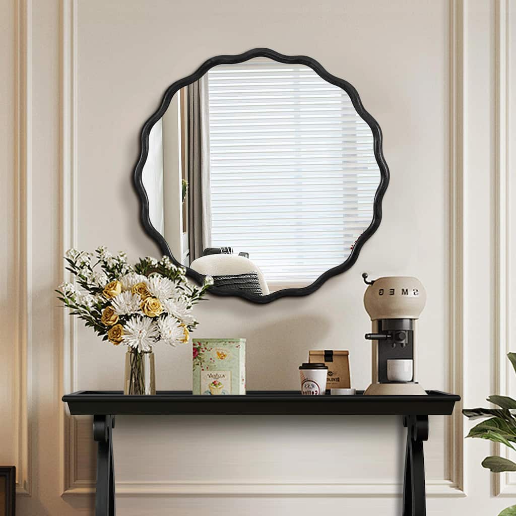 Solid Wood Wavy Round Mirror - Modern Wall Decor