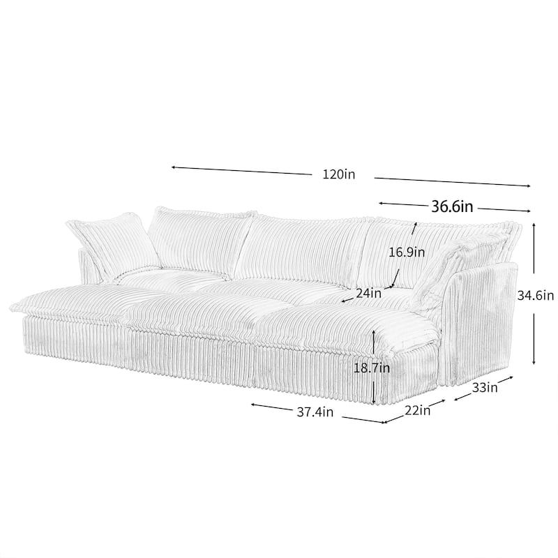 120" Corduroy 3-Seater Sectional Sofa with Ottomans