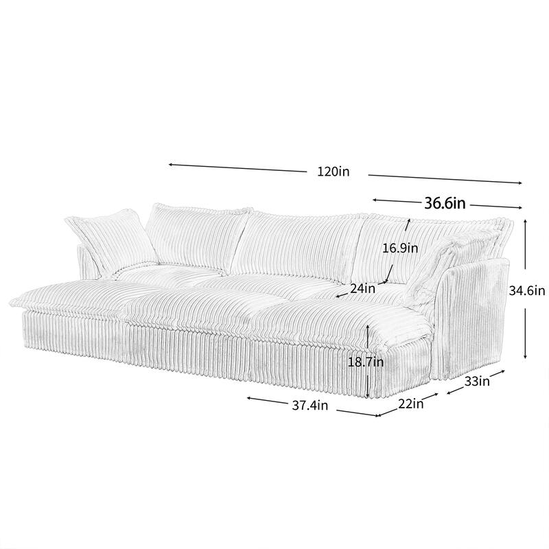 120" Corduroy 3-Seater Sofa Set with 3 Ottomans, Sleeper Function & Removable Slipcovers