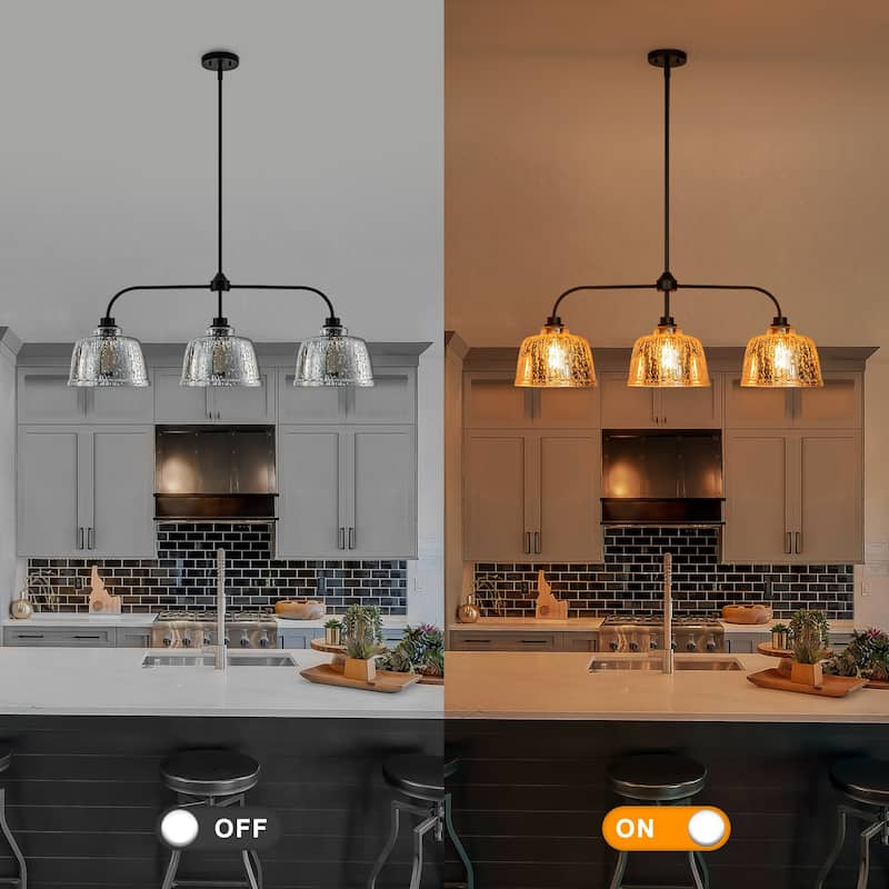 3-Light Bowl-Shaped Mercury Glass Linear Island Pendant Light - Dia.38.19-in