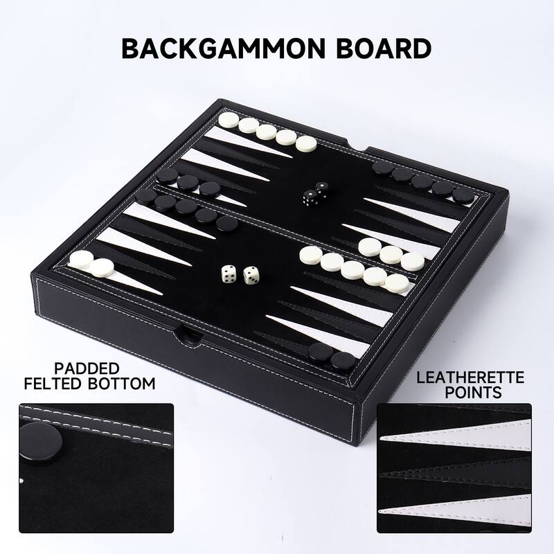 GSE™ 12.5" Premium Leather 3-in-1 Chess, Checker and Backgammon Board Game Combo Set