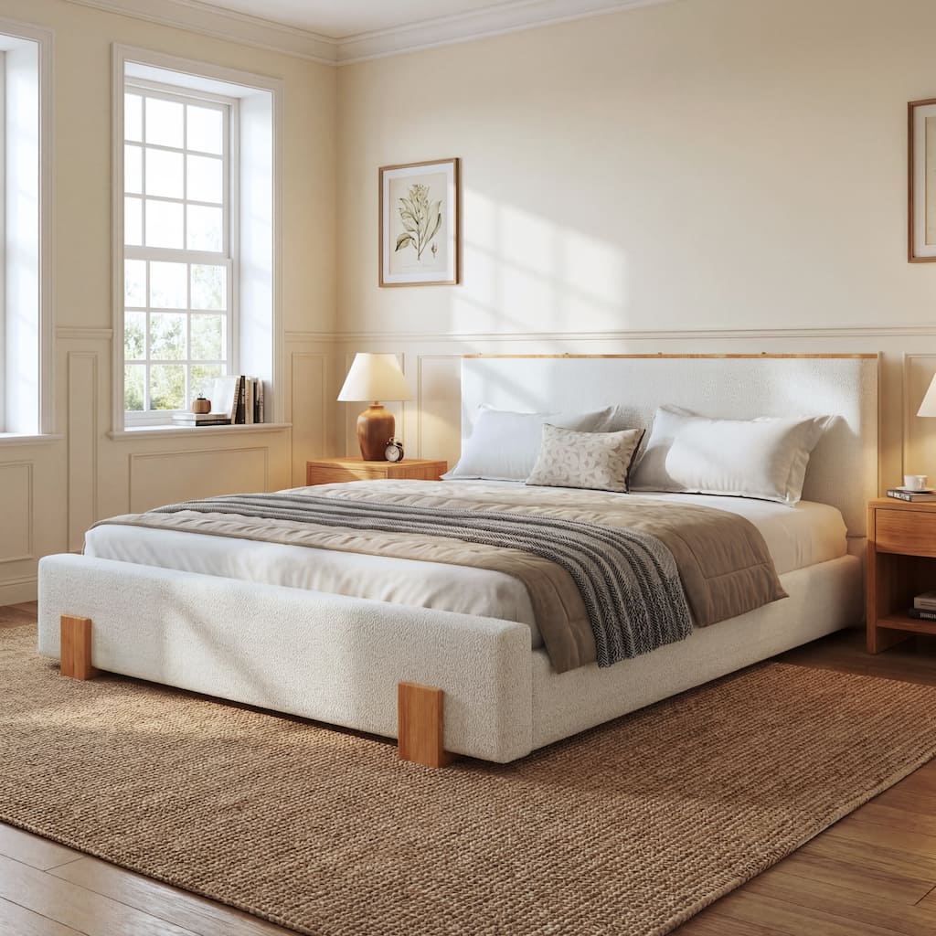 Christopher Knight Home - Verdes Modern Soft Boucle Upholstered Platform Bed with Solid Wood Legs, Trim & Padded Headboard