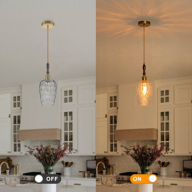 Modern 1-Light Brass Pendant Hammered Glass Shade Kitchen Lighting - Dia.6-in