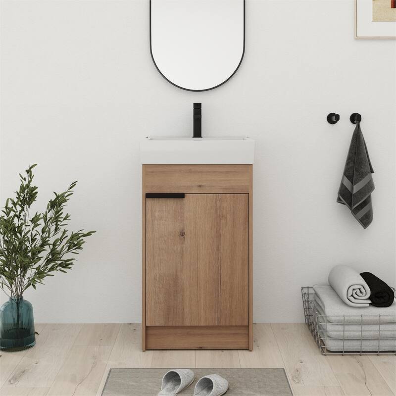 Bathroom Vanity With Sink In 16/18 Inch, Freestanding Bathroom Vanity With Soft Close Door - 19"W x 15"D x 34.6"H - Imitative Oak