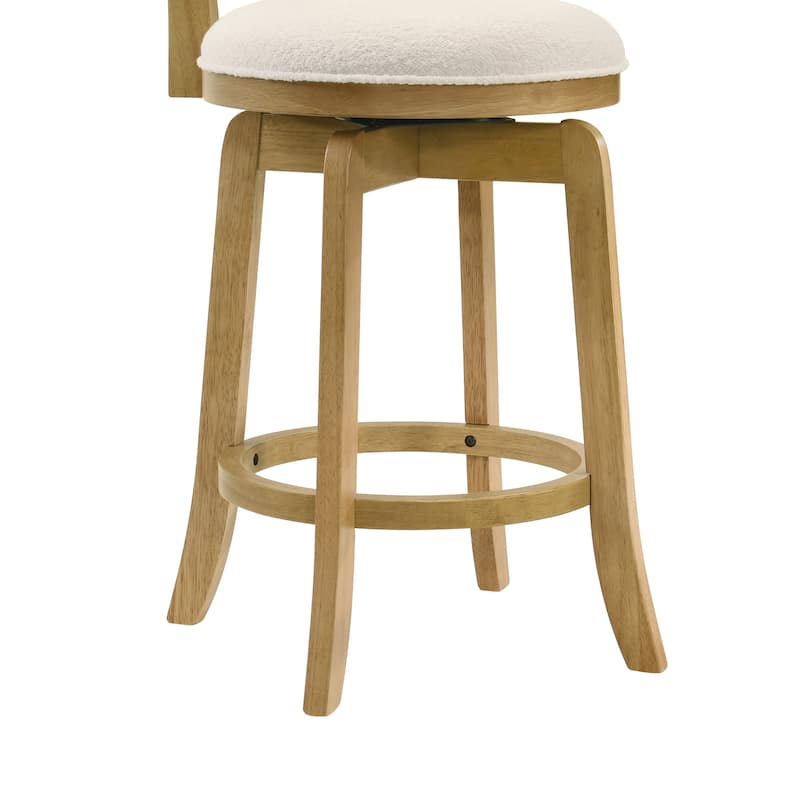 Melindra White Boucle Swivel Bar Stool, Upholstered Counter Stool with Solid Wood Legs