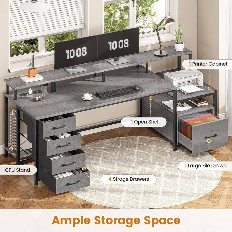 Home Computer Desk File Drawer & Power Outlet 5 Drawer Monitor Shelf