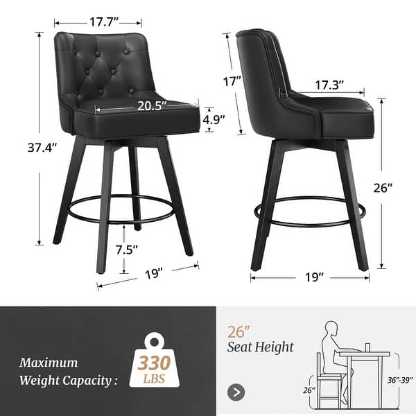 dimension image slide 5 of 6, Modern 26 in. Counter Height Barstools 360 Free Swivel Set of 4 Bar Stools with Back