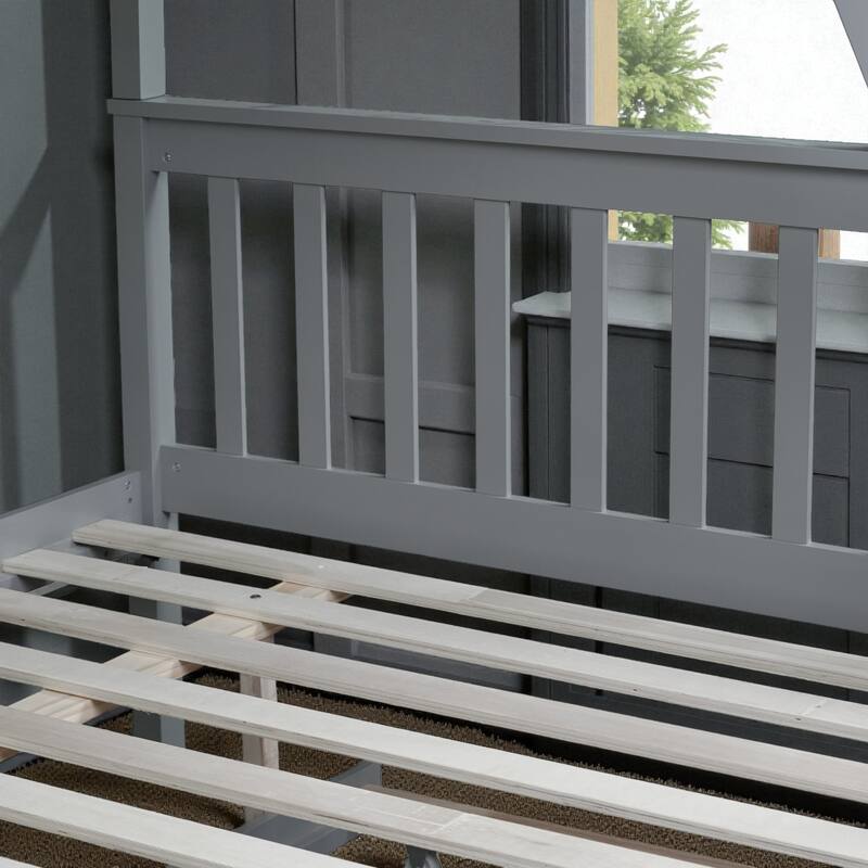 Twin Over Full Rubber Wood Bunk Bed with Twin Trundle, Convertible Ladder, Detachable Design, and Safety Guardrails