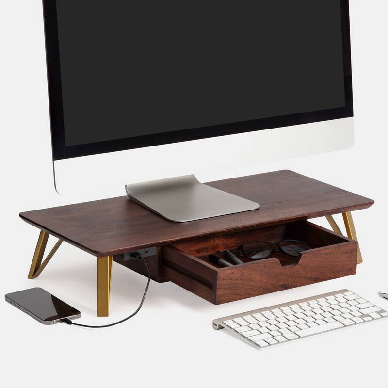 Jani Wood Monitor Stand Riser Desk - Ergonomic Design Stand, Desktop Organizer Table for Home, Office Workspace, Gaming Desk - Tan