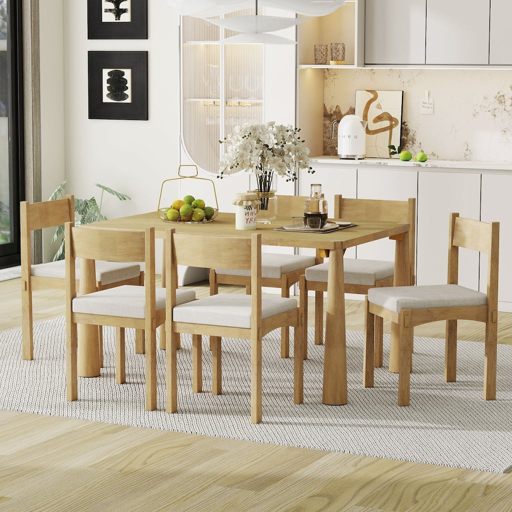 7-Piece Retro Dining Table Set for 6, Wood Dining Table Set for 6 with Upholstered Chairs for kitchen & Dining Room