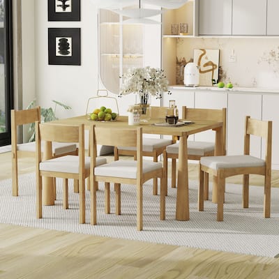Roomfitters 7-Piece Vintage Wood Dining Set for 6 with Upholstered Chairs, Retro Kitchen or Dining Room Furniture