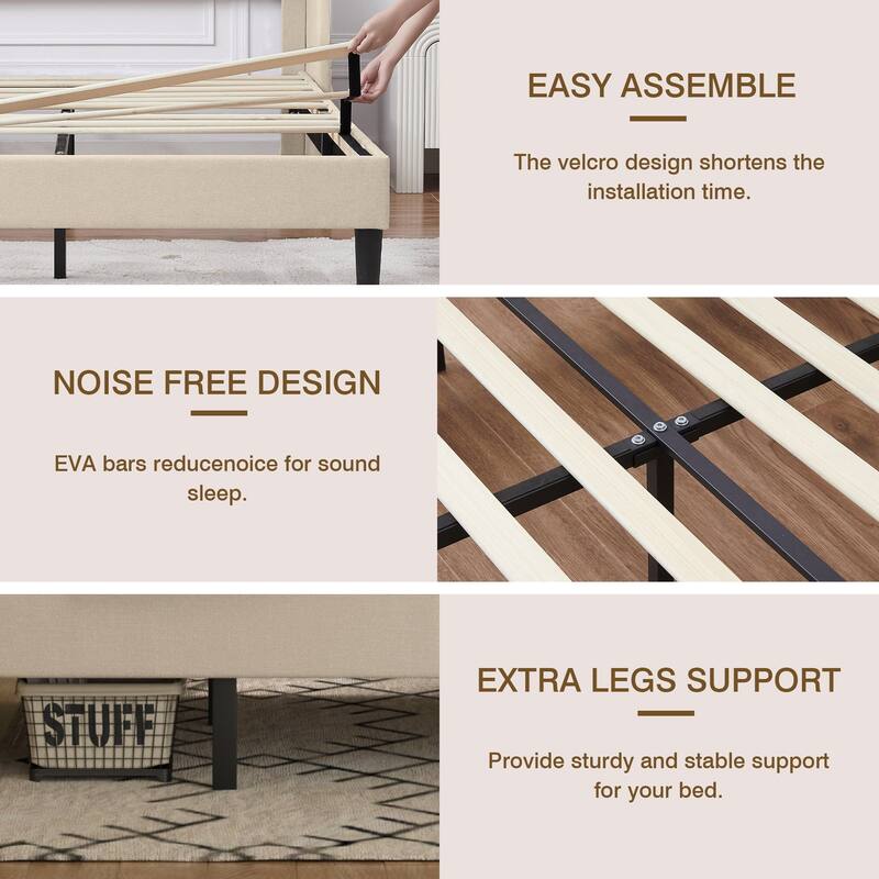 VECELO Bed Frame with Upholstered Wingback Headboard,Platform Bedframe with Charging Station & Side Pockets