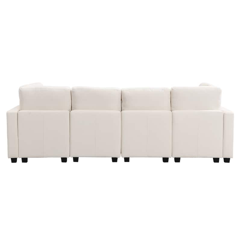 103" U-shaped Sofa Bed with 2 Ottomans, 3 USB, Beige Chenille for Living Room