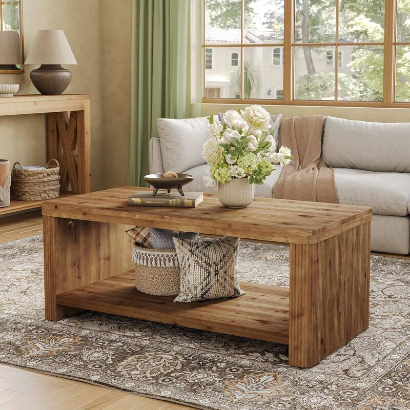 2-Tier Solid Wood Coffee Table for Living Room, 47.24" Rectangle Accent Center Tea Table with Storage - Brown