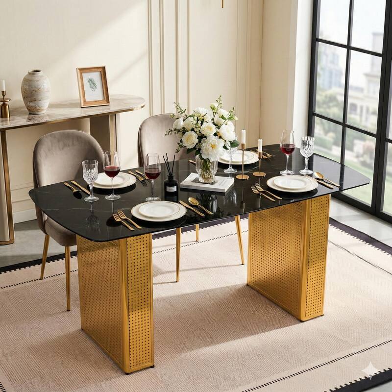 Modern Marble-Patterned Tempered Glass Dining Table, Rectangular Kitchen Table with Dual-Pedestal Metal Base