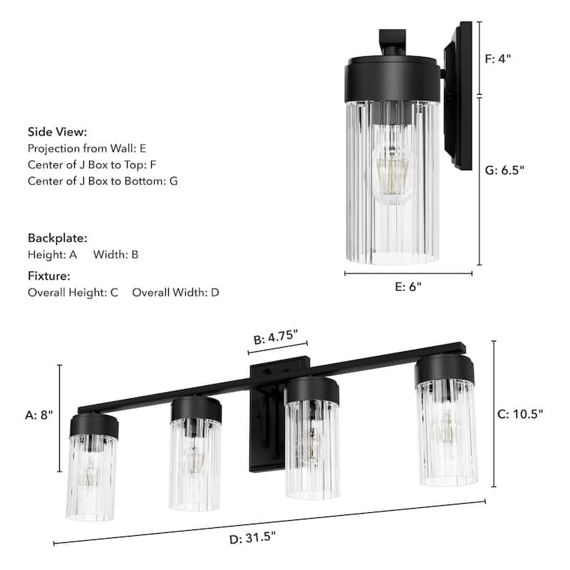 Hunter Gatz Ribbed Glass Vanity Wall Light - Bathroom - Glam, Fluted Glass - Damp Rated!