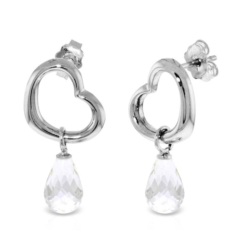 14K Solid Gold Heart Gemstone Earrings w/ Dangling Natural White Topaz - White
