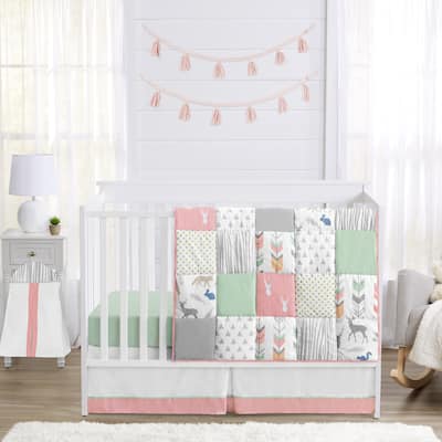 Sweet Jojo Designs Coral and Mint Woodsy Collection 4-piece Bumperless Crib Bedding Set