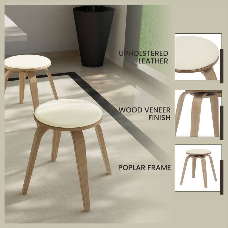 Pelya Minimalist Modern Round Counter Stool with Leather Seat & Poplar Wood Frame 360° Swivel Kitchen Bar Stool