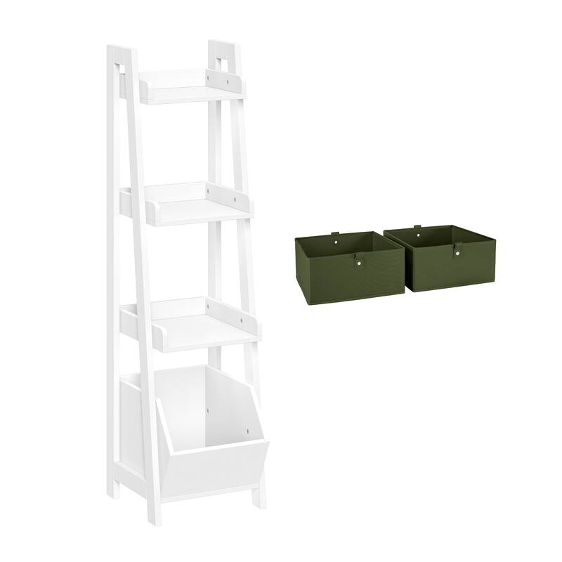RiverRidge Kids 4-Tier 13in Ladder Shelf Toy Organizer with 3 Open Display Shelves - White with Two 5" Fabric Bins