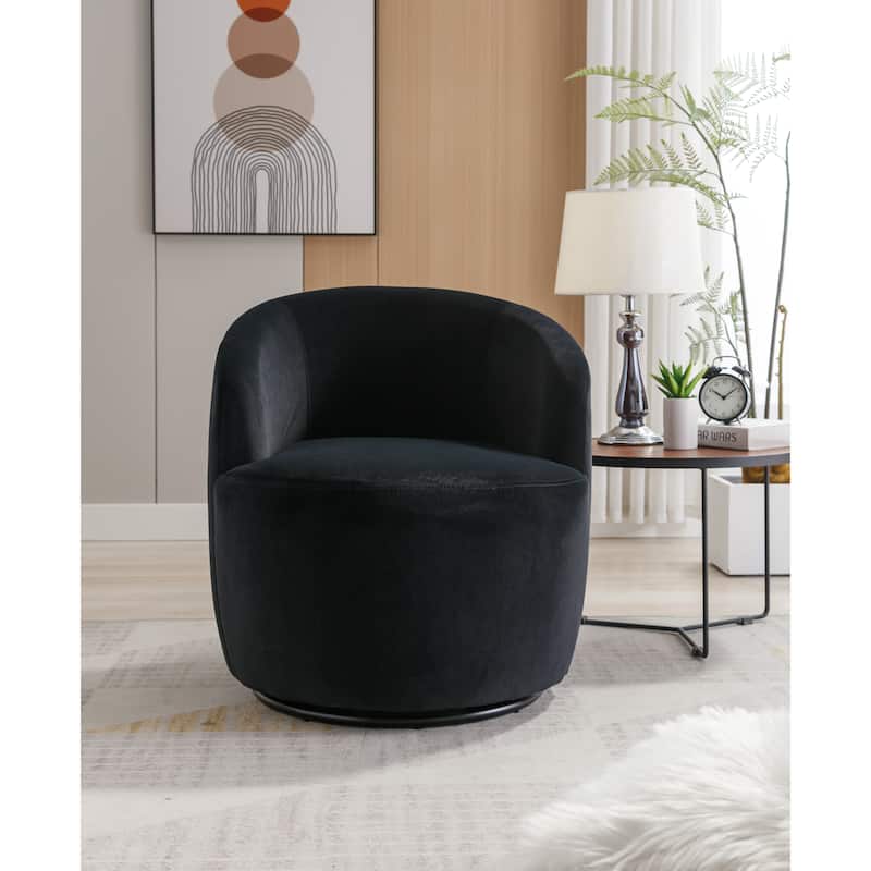 Black Velvet Modern 25.6" Upholstered Swivel Barrel Chair with Black Powder Coating and Metal Ring