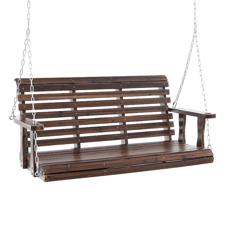 Carbonized Brown Cedar Wood Porch Swing with Chains and 880lb Load Capacity - 54” L x 28” W x 23.6” H