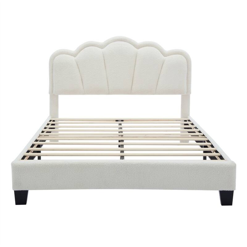 Upholstered Platform Bed with Flower-Shaped Headboard & LED Light Strip, Twin/Full Size Sherpa Fabric Bed Frame w/ Slats Support