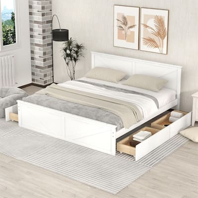 King Size Wooden Platform Bed with Four Storage Drawers and Support Legs