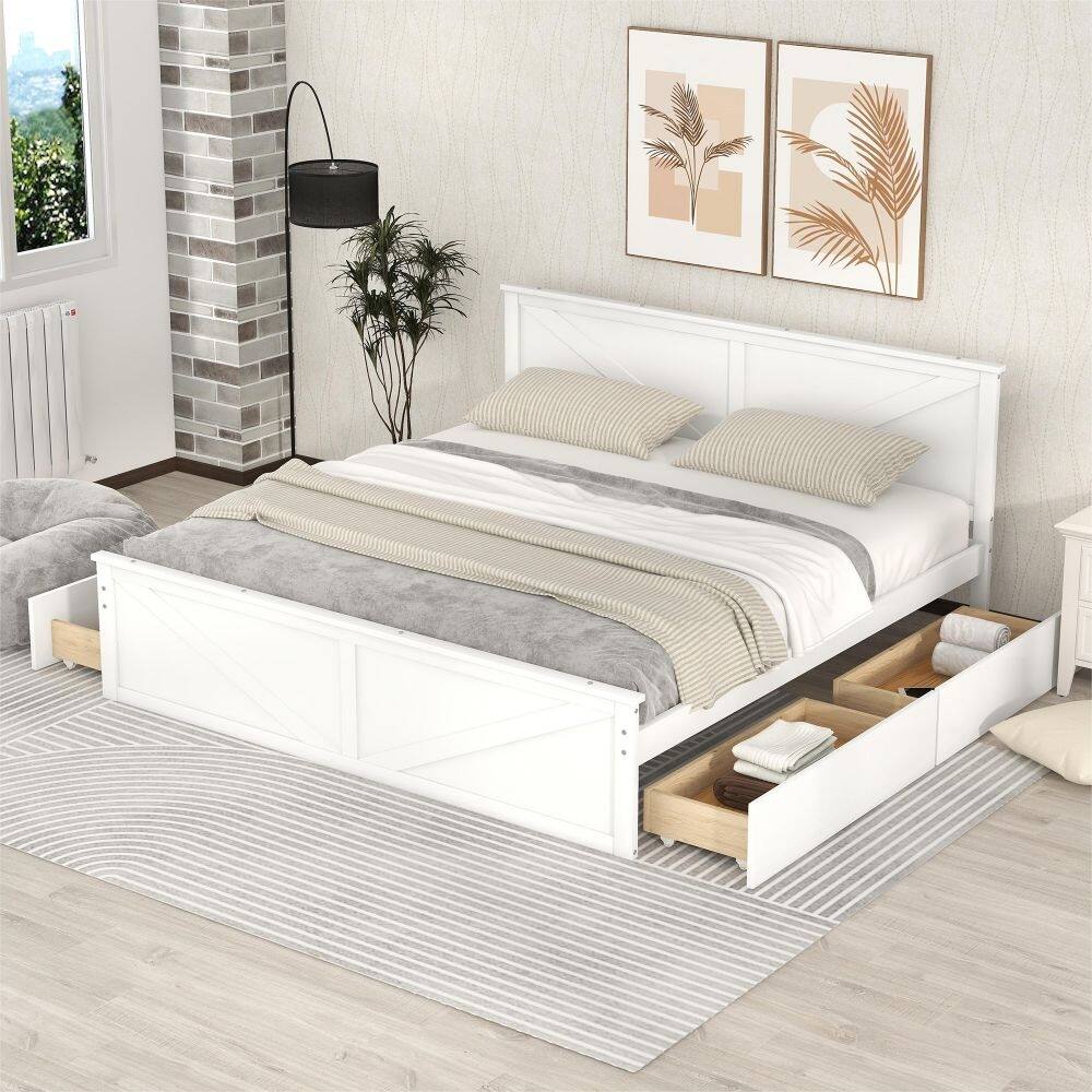 King Size Wooden Platform Bed with Four Storage Drawers and Support Legs