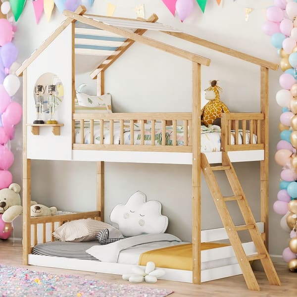 slide 2 of 22, Kid-Friendly Design Twin Over Twin Bunk Bed House Bed Natural