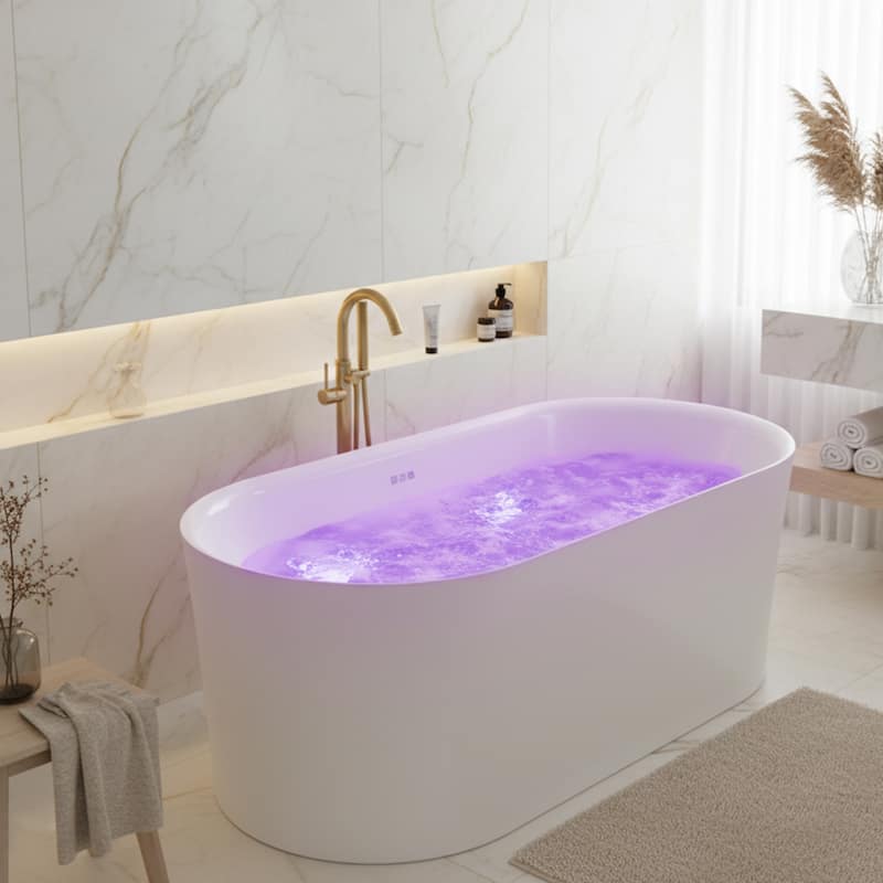 Jericho Series 67" Air Jetted Acrylic Freestanding Bathtub in Glossy White with Center Drain