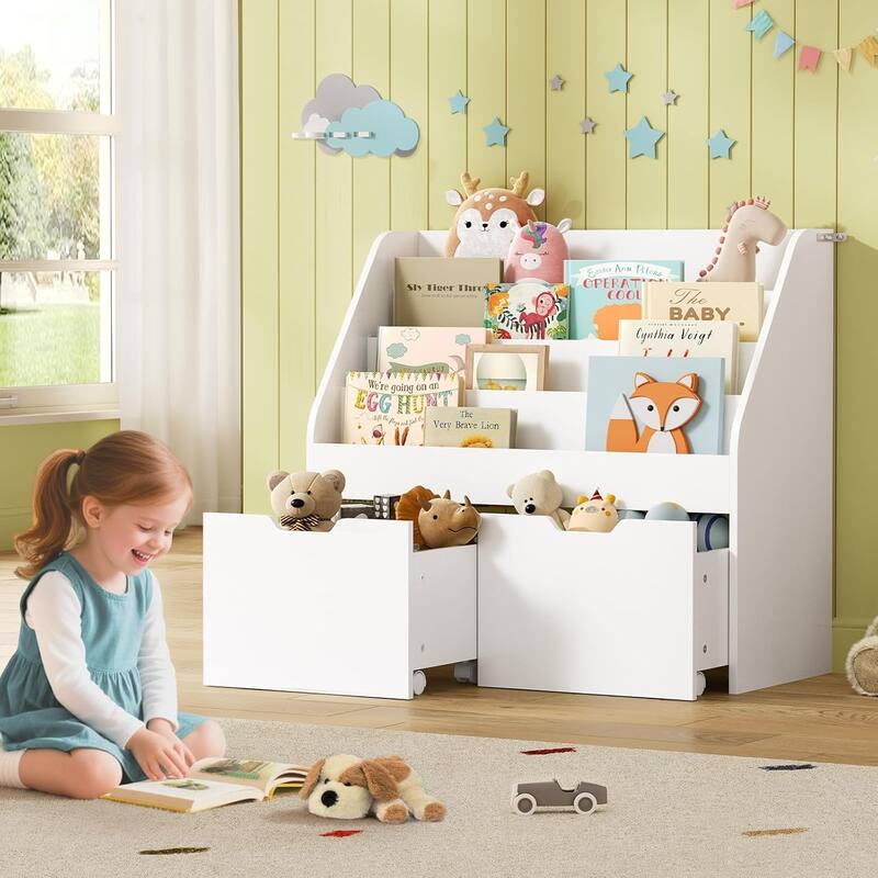 Toy Storage Organizer Kids Bookshelf 2 Drawers Book Display Kindergarten - 4 Tier Small Bookcase