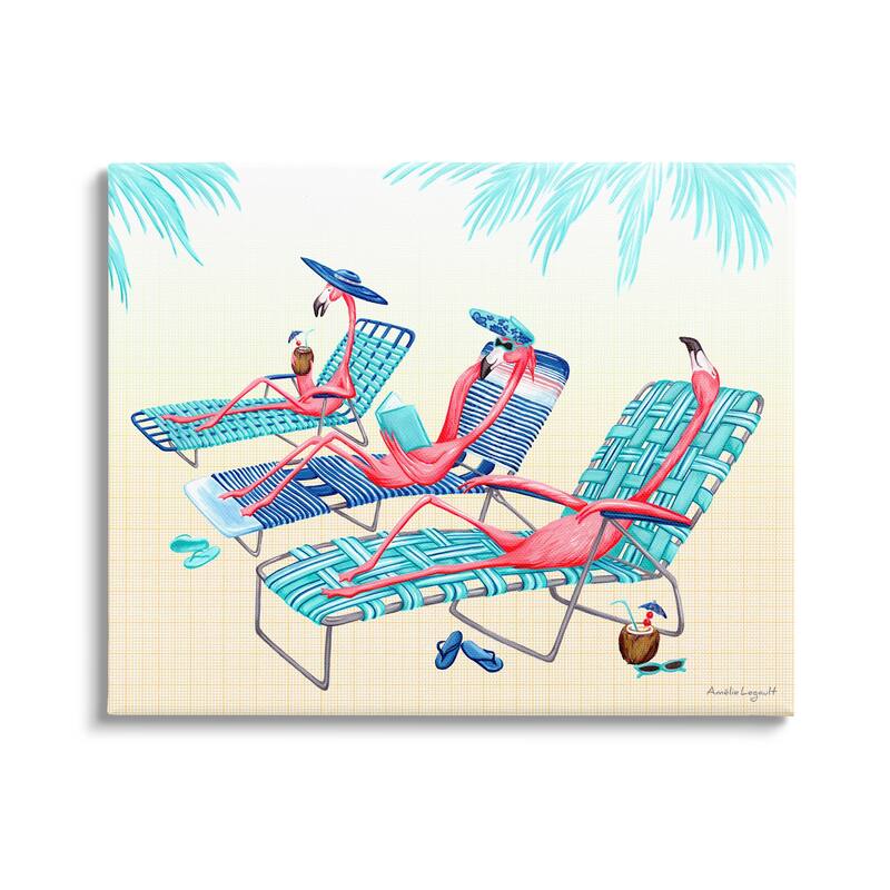 Stupell Pink Flamingos Lounging Beach Chairs Tropical Scene Canvas Wall Art, Design by Amelie Legault - 20 x 16