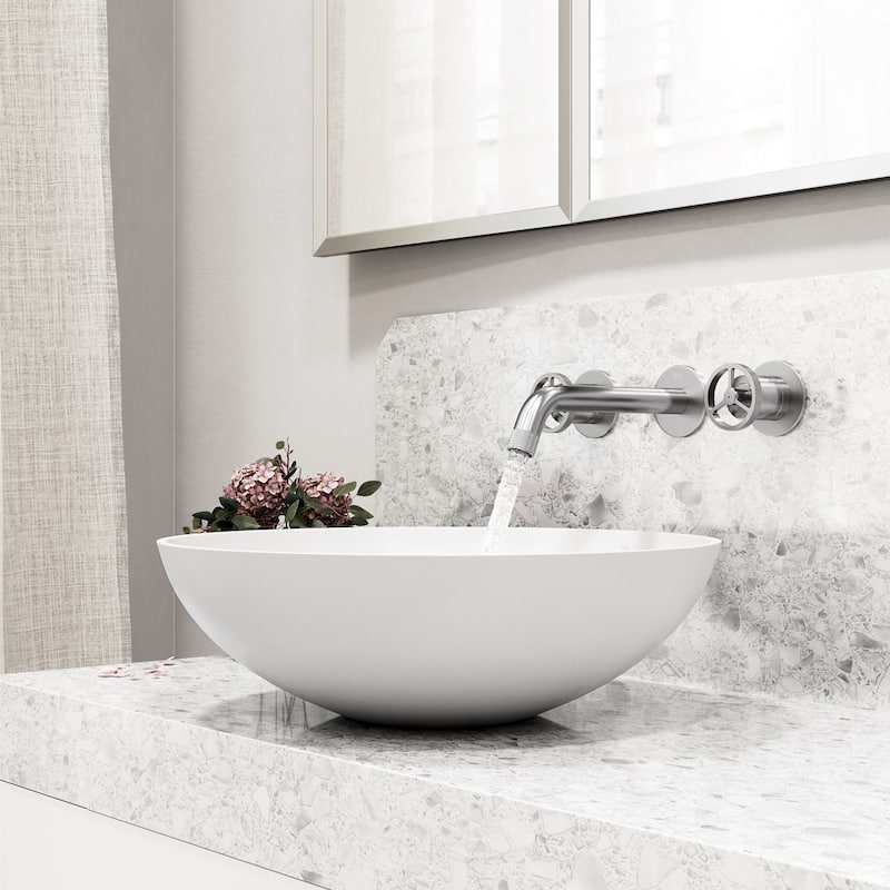 VIGO Lotus 16"L x 16"W MatteStone Vessel Sink and Cass Wall Mount Faucet Set