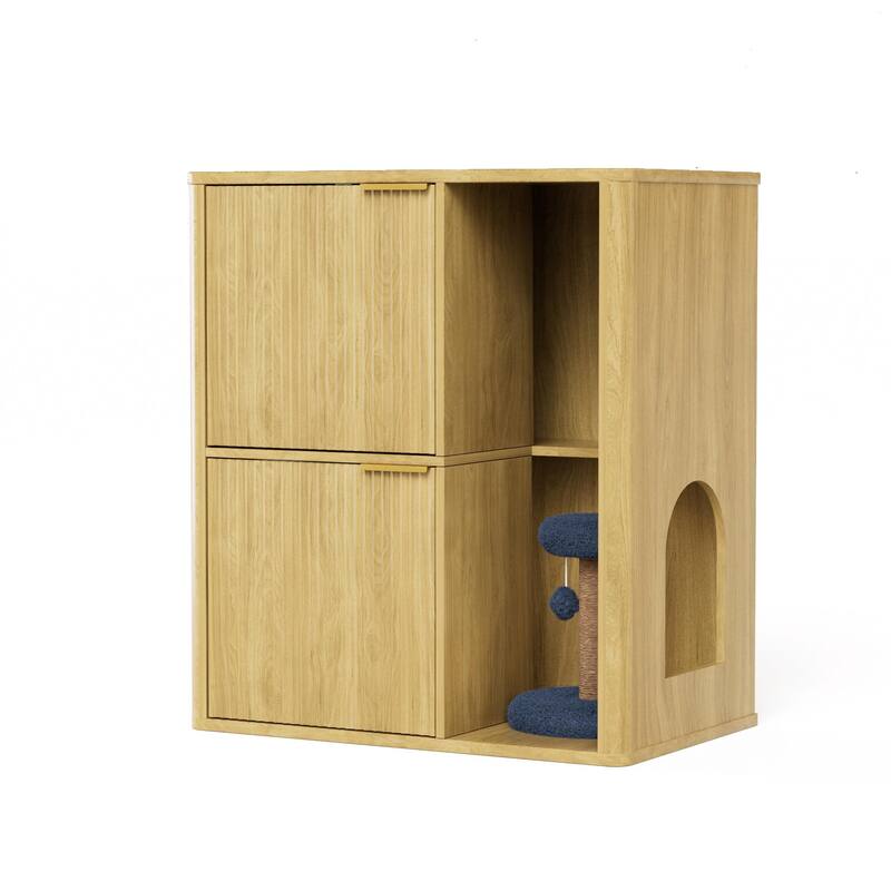 31.5" Walnut Cat Litter Cabinet with Cat Tree, Grooved Concealed Litter Furniture Featuring Dual Cat Doors and Storage Shelves