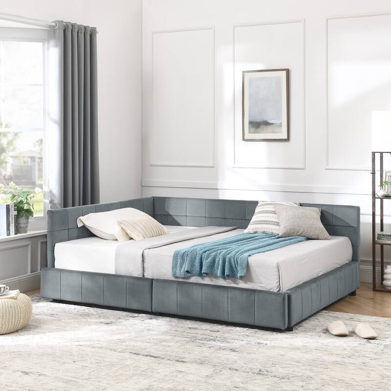 Full Size Upholstered Tufted Bed Frame, Storage Sofa Bed Frame, Velvet Fabric Daybed with 2 Drawers, No Box Spring Needed