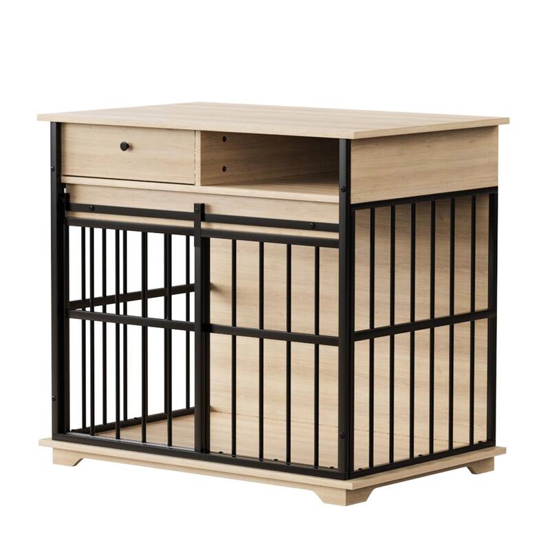 Wooden Dog Kennel Furniture Dog Crate Furniture with Drawer and Solid Wood Top, Side Storage Compartment