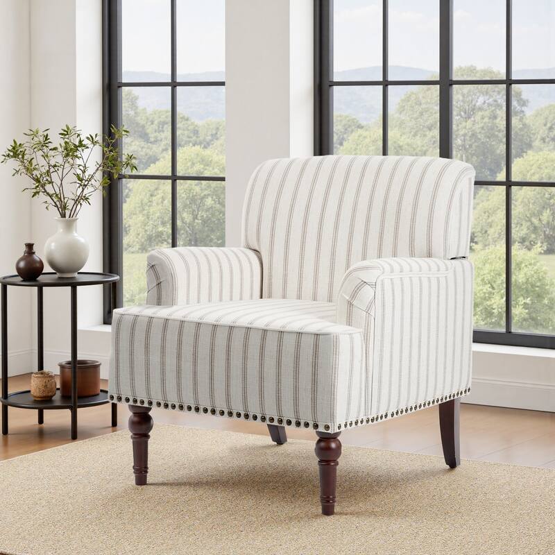 Linen Upholstered Armchair Nailhead Trim Accent Chair - PINSTRIPE LIGHT BROWN - SINGLE