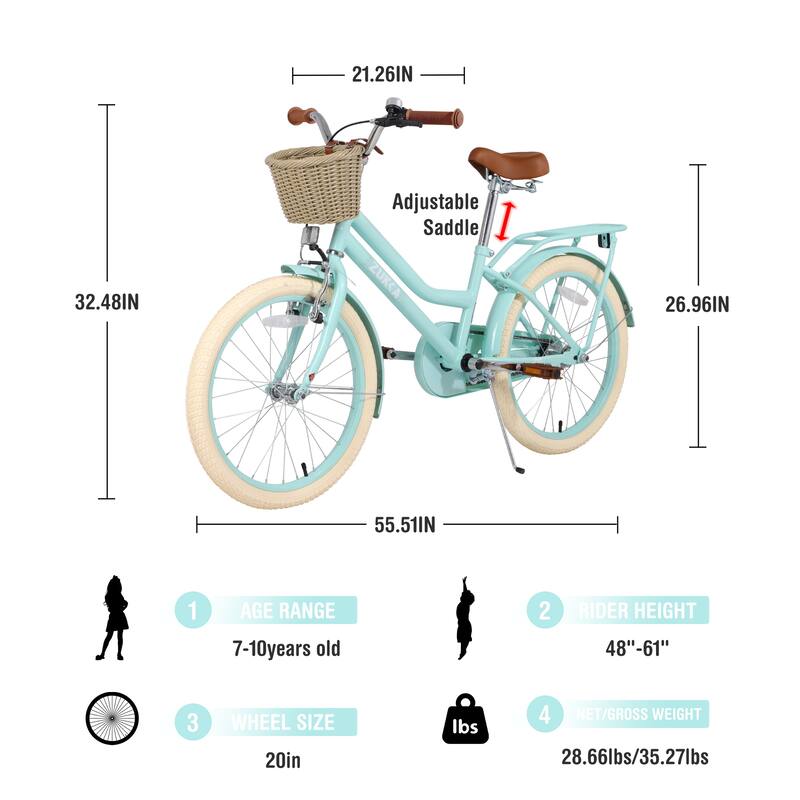 Multiple Colors Girls Bike with Basket for 7-10 Years Old Kids, 20 inch wheel, No Training Wheels Included