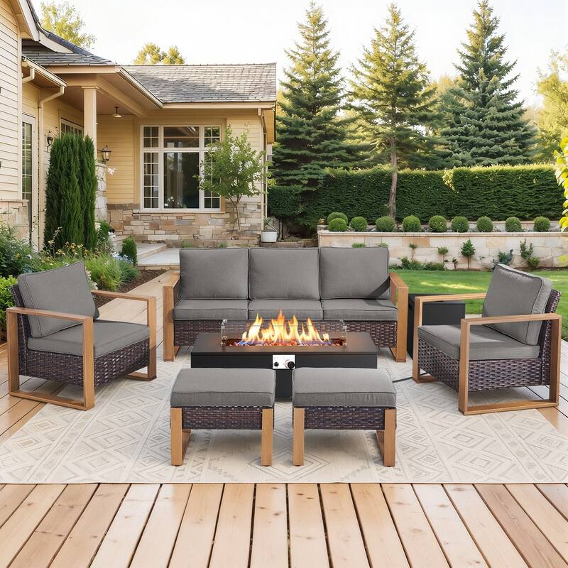 Meyreso Wicker Patio Conversation Set with Metal Fire Pit Table & 4.5-Inch Olefin Cushions