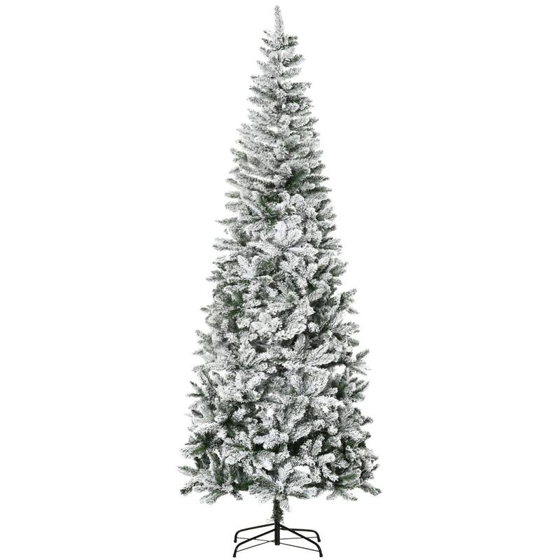 9FT Snow-Flocked Pencil Christmas Tree, Slim Design with Auto-Open Branches and Sturdy Base - 9 Foot - Green