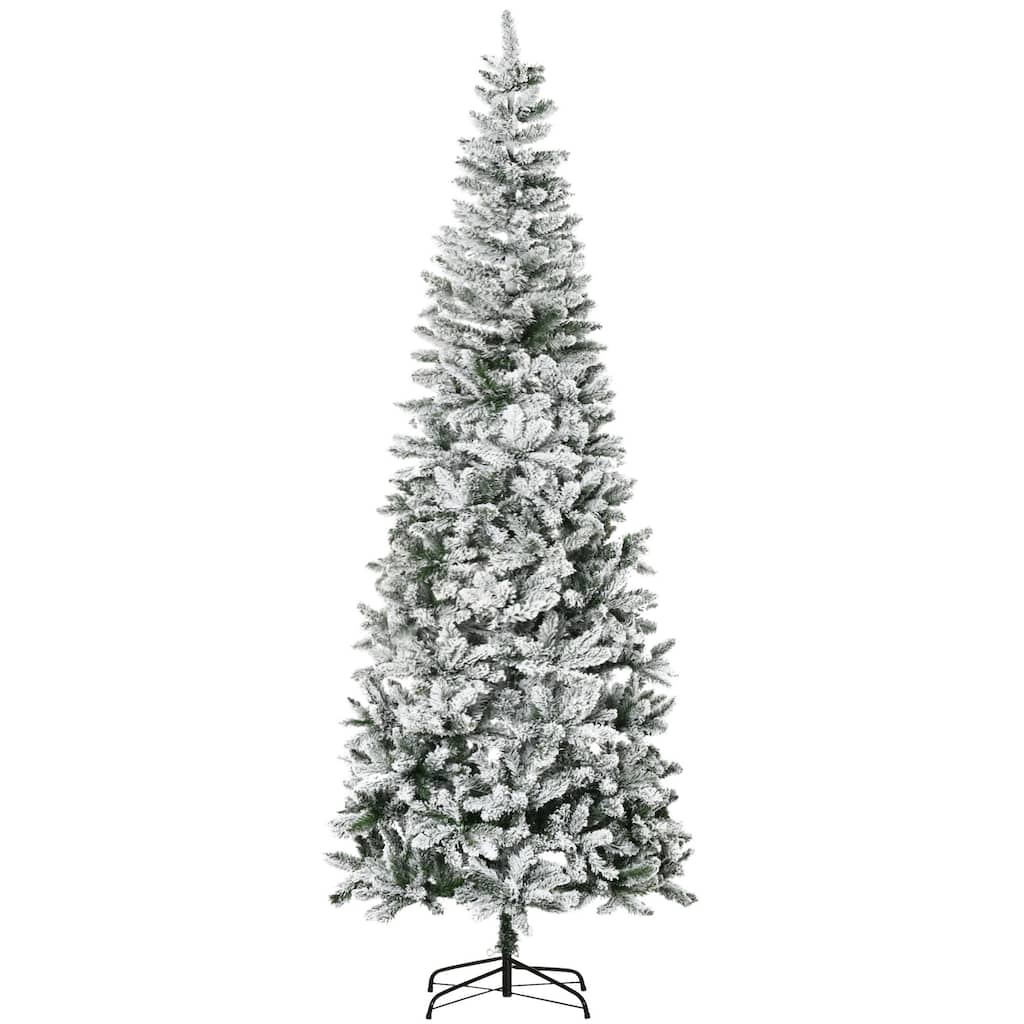 9ft Snow-Flocked Pencil Christmas Tree, Realistic Slim Pine with Sturdy Metal Base for Small Spaces