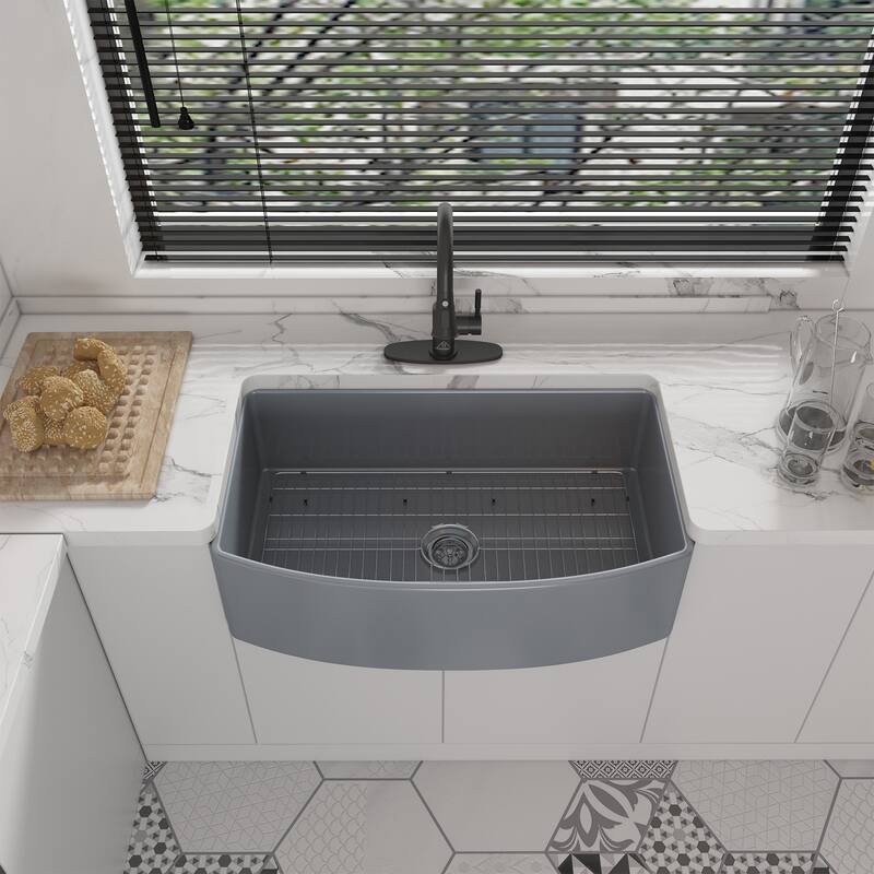 All-in-One Curved Design Single Bowl Farmhouse/Apron-Front Fireclay Kitchen Sink with Pull Down Kitchen Faucet and Accessories